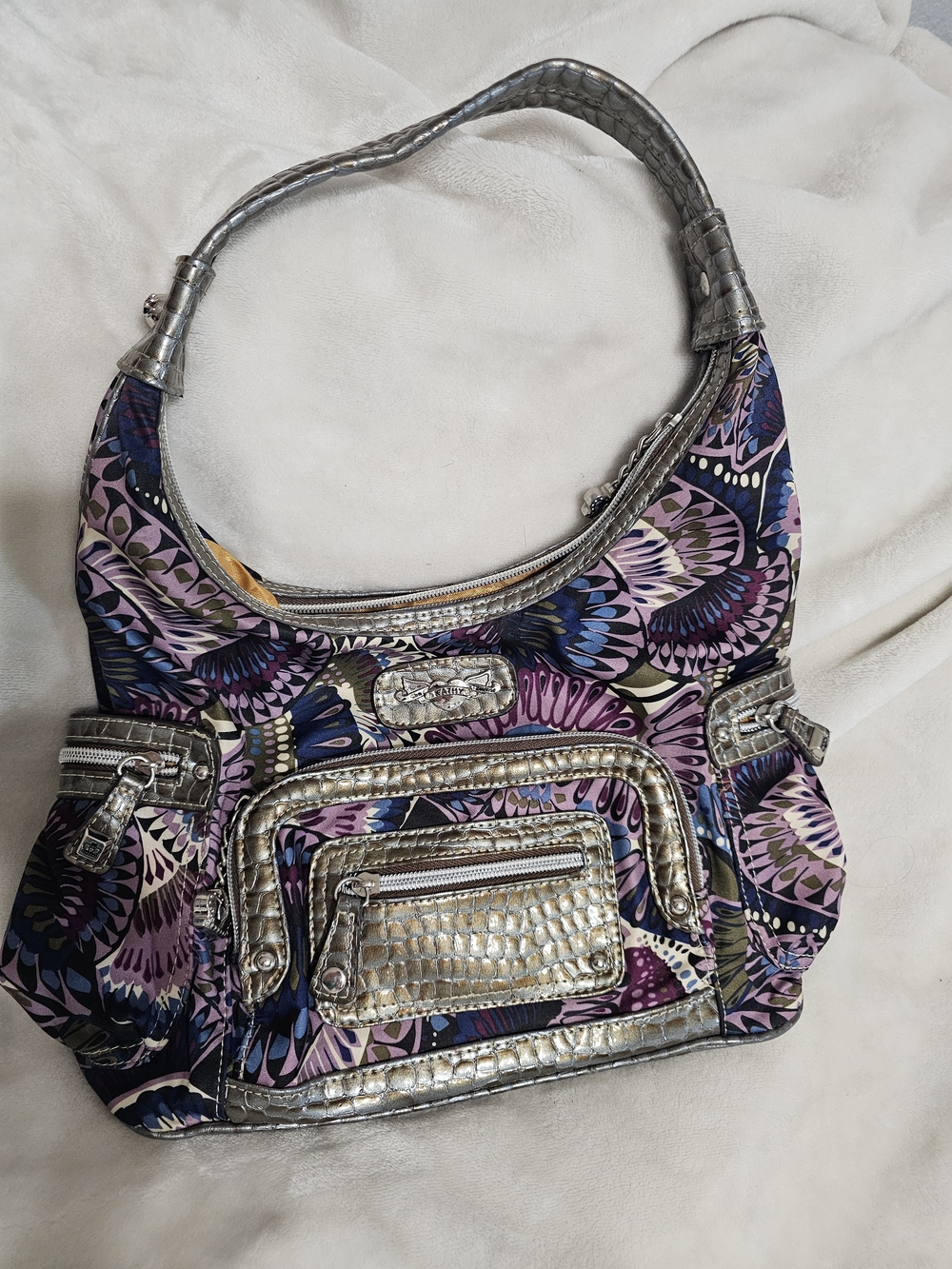Kathy Van Zeeland Purple Floral Shoulder Bag with Silver Trim